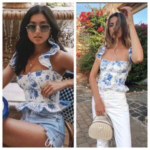 V. Chapman Provence Corset Top Blue Floral Lace Ruffle Bustier Romantic 0